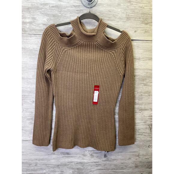 Guess Sweater Womens M Brown Knit Cold Shoulder Long Sleeve Pullover - Picture 1 of 9